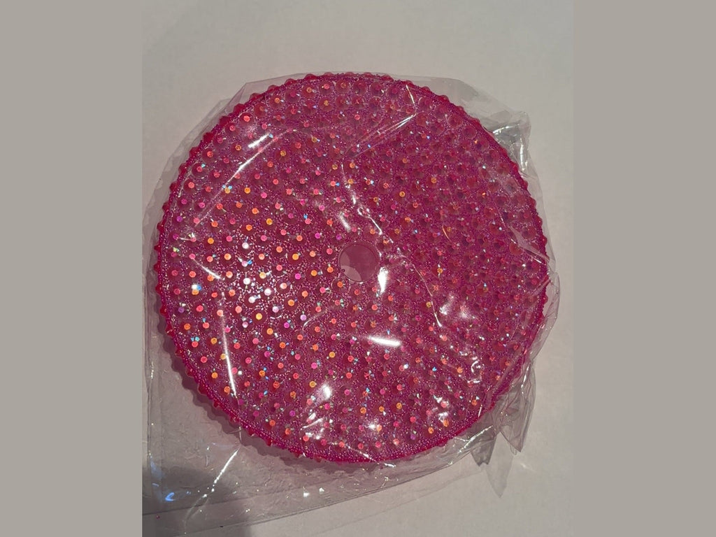Bright pink 24oz cup lid with glossy finish and scattered iridescent sequins