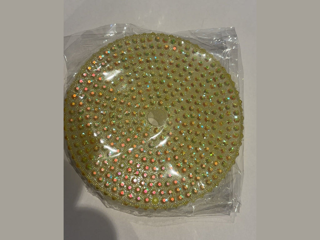 Yellow-green 24oz cup lid with glossy finish and scattered iridescent sequins