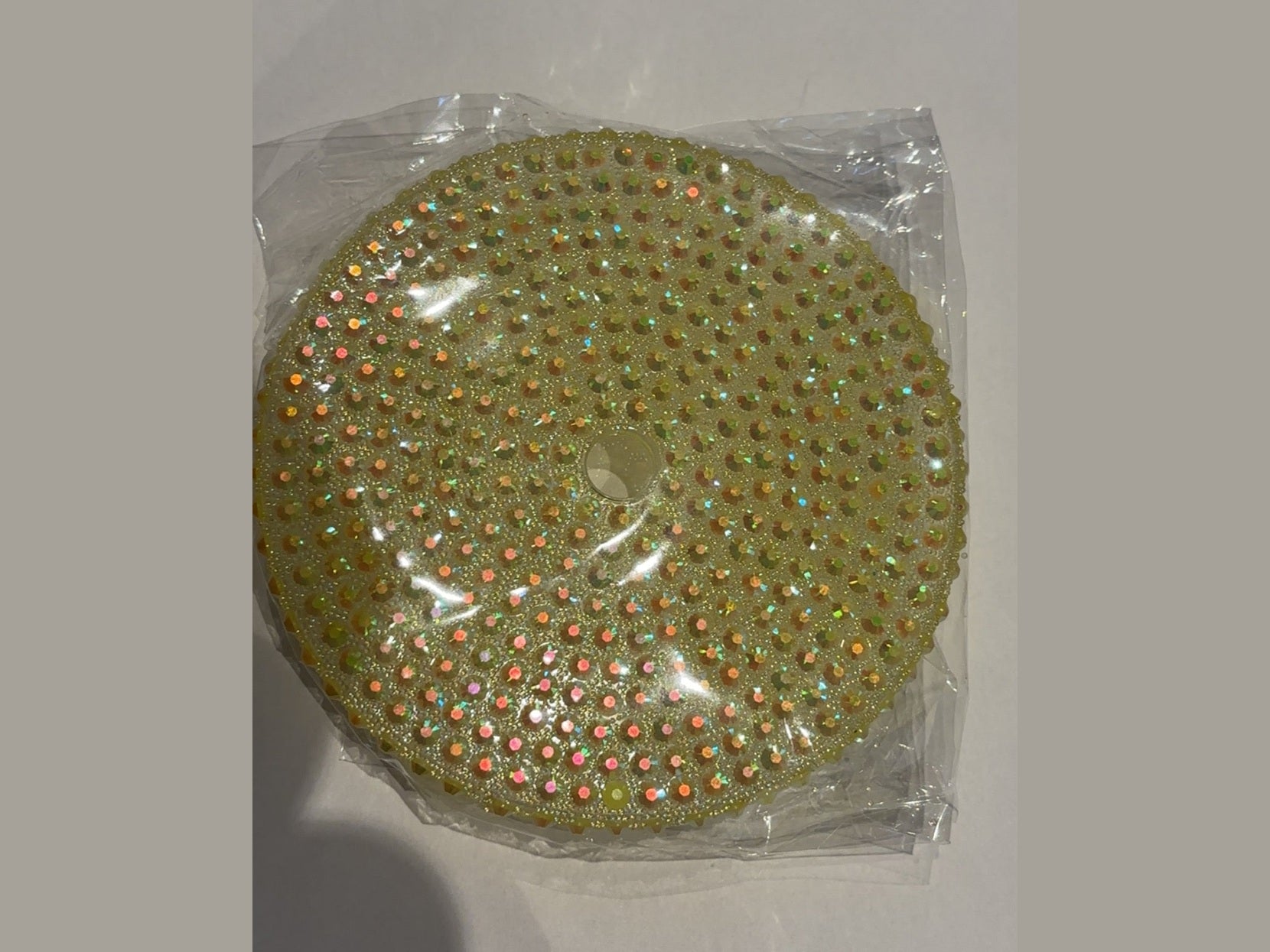 Yellow-green 24oz cup lid with glossy finish and scattered iridescent sequins
