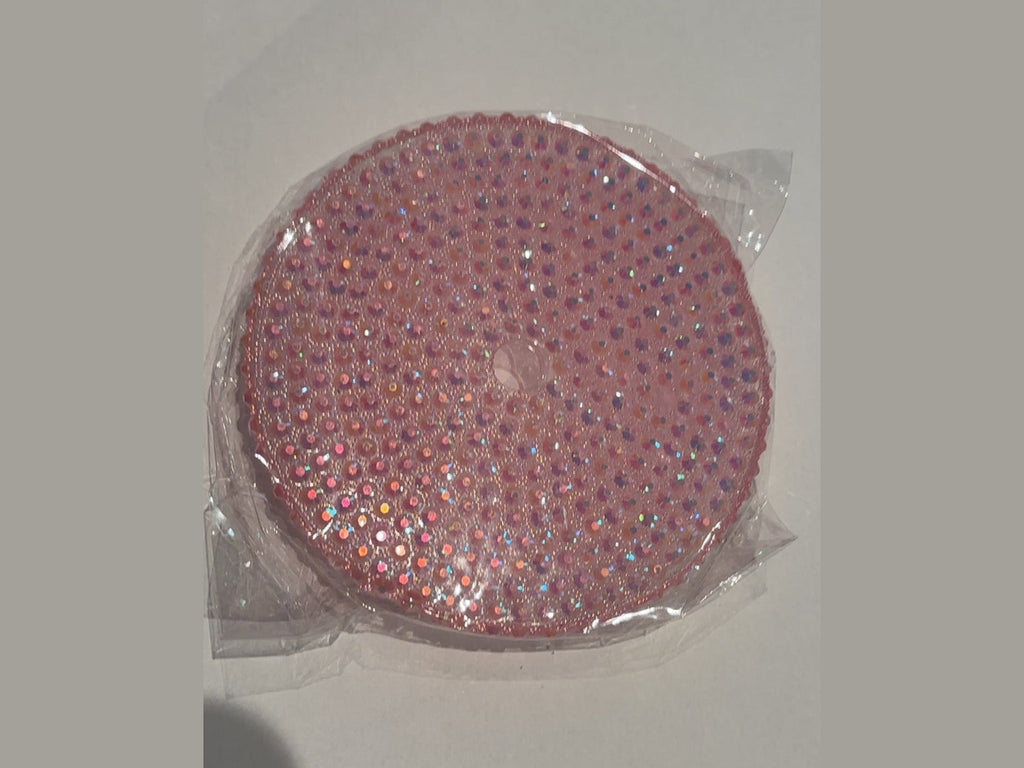 Pink 24oz cup lid decorated with rainbow-reflecting iridescent rhinestones