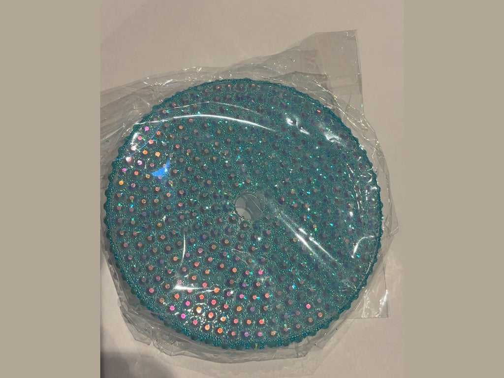 Teal 24oz cup lid fully adorned with dense iridescent rhinestones and straw hole