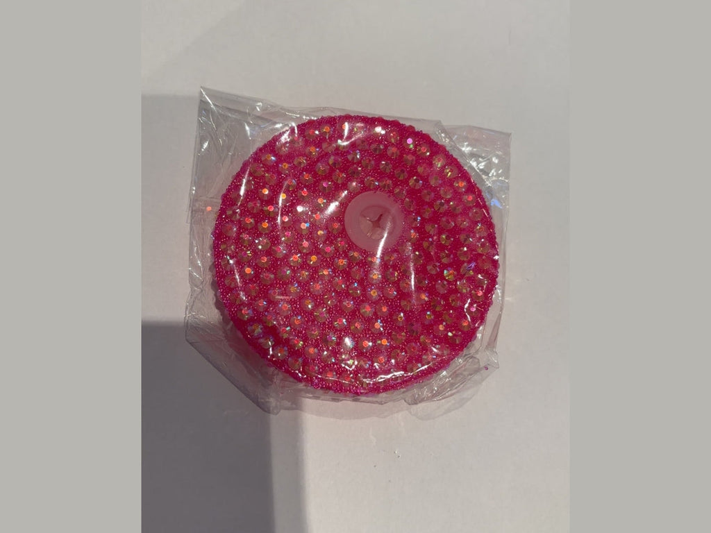 Bright pink iridescent rhinestone 16oz lid with glitter base and pink star cutout insert