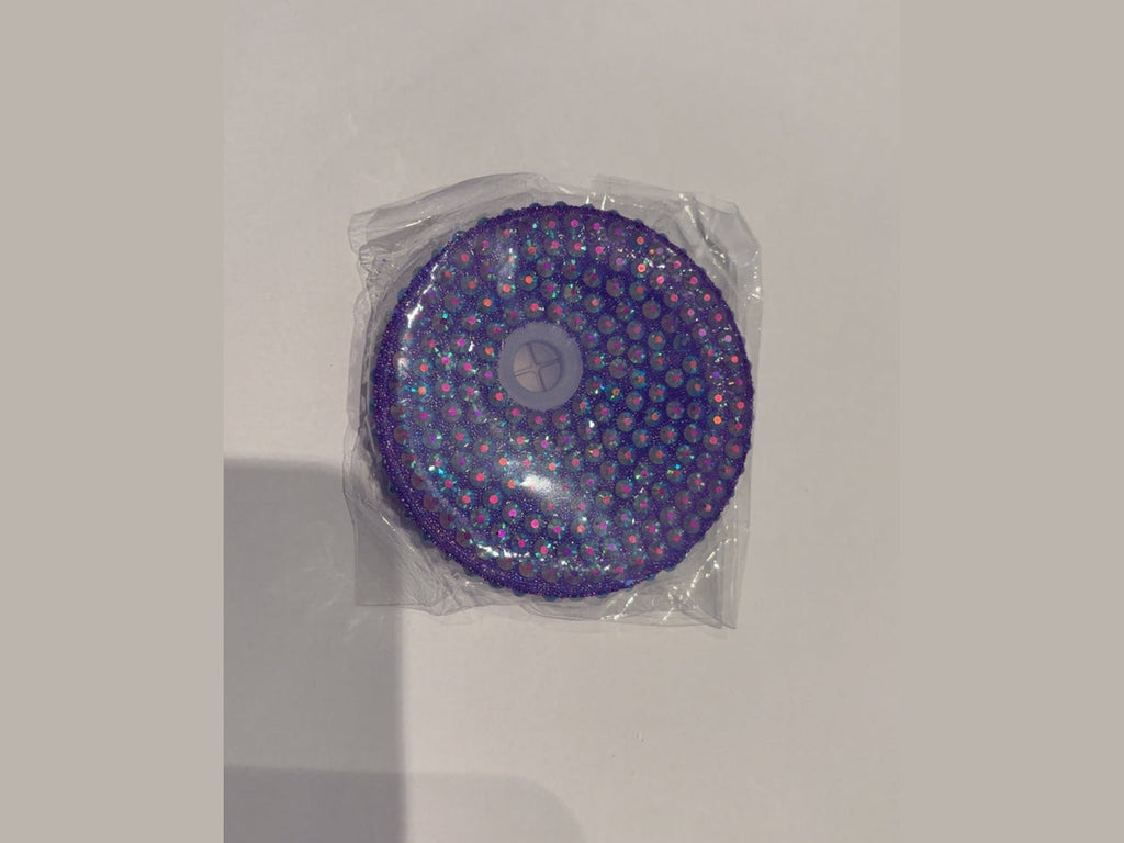 Purple glitter 16oz lid densely packed with iridescent round beads and cross opening