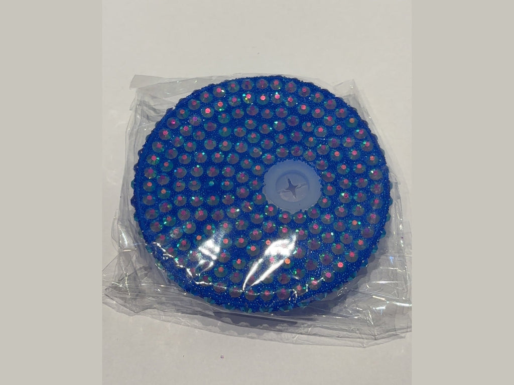 Blue glitter 16oz lid with rows of iridescent beads and star-shaped indentation opening
