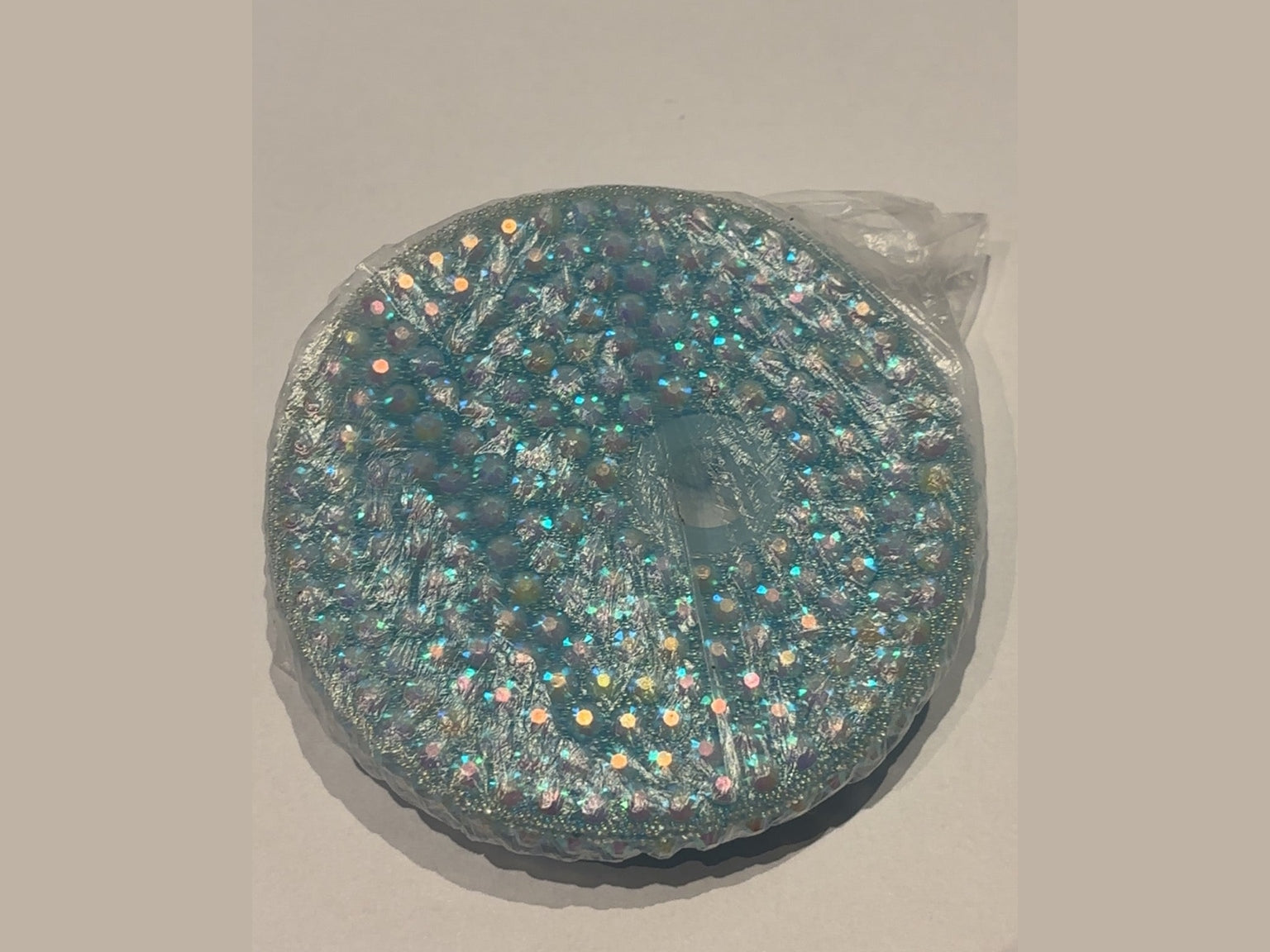 Light blue glitter 16oz lid with scattered iridescent dots and cross-shaped insert