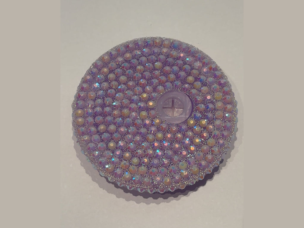 Lavender 16oz lid covered in shifting pink blue gold iridescent beads with cross opening