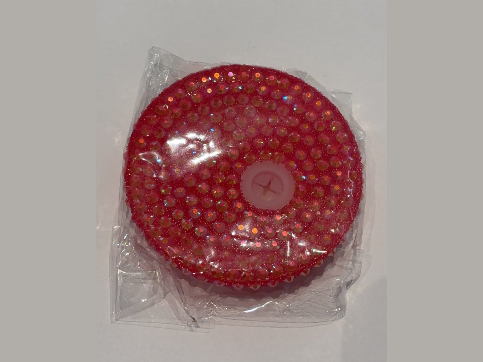 Red glitter 16oz lid with raised iridescent dots and cross-shaped transparent insert
