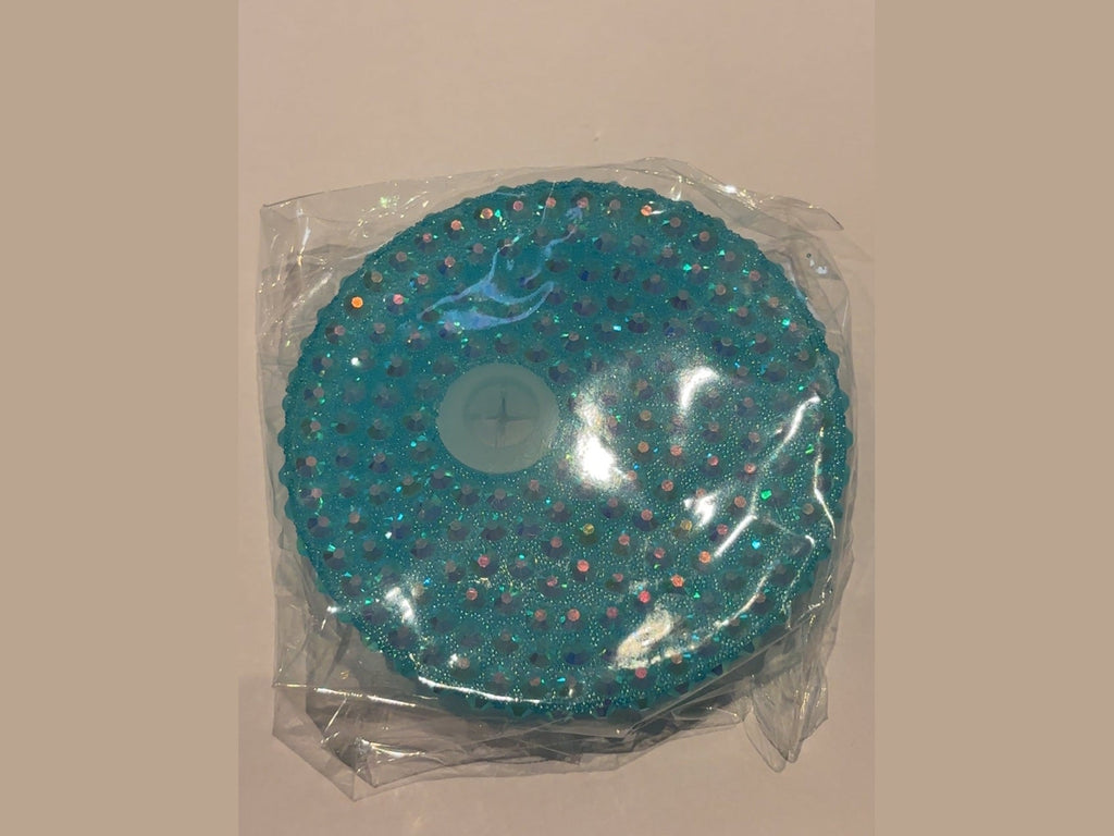 Turquoise iridescent rhinestone 16oz lid with glitter base and white star cutout insert