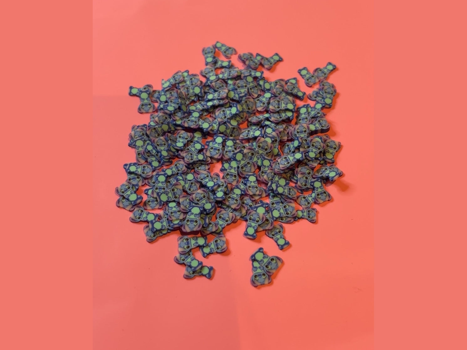 Stitch character charms in blue-gray with green accents, polymer resin flat pendants for crafts