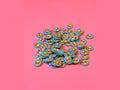 Winnie the Pooh light blue circular tokens with character print on pink background