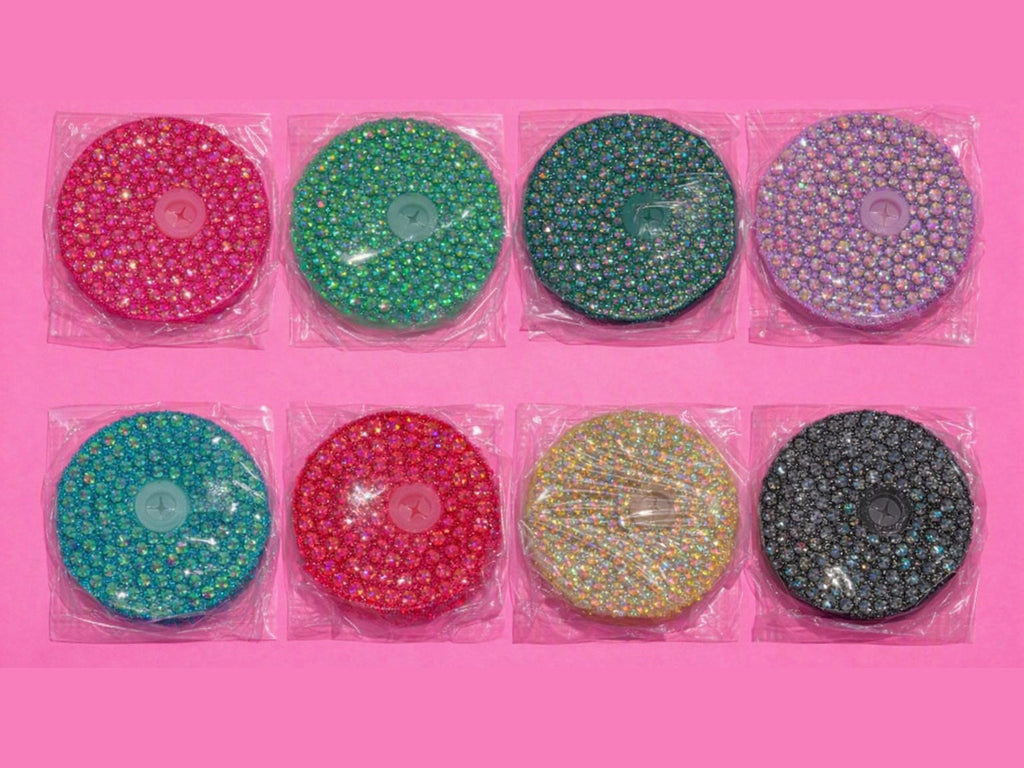 Assorted color pack of eight rhinestone 16oz lids with iridescent beads and cross inserts