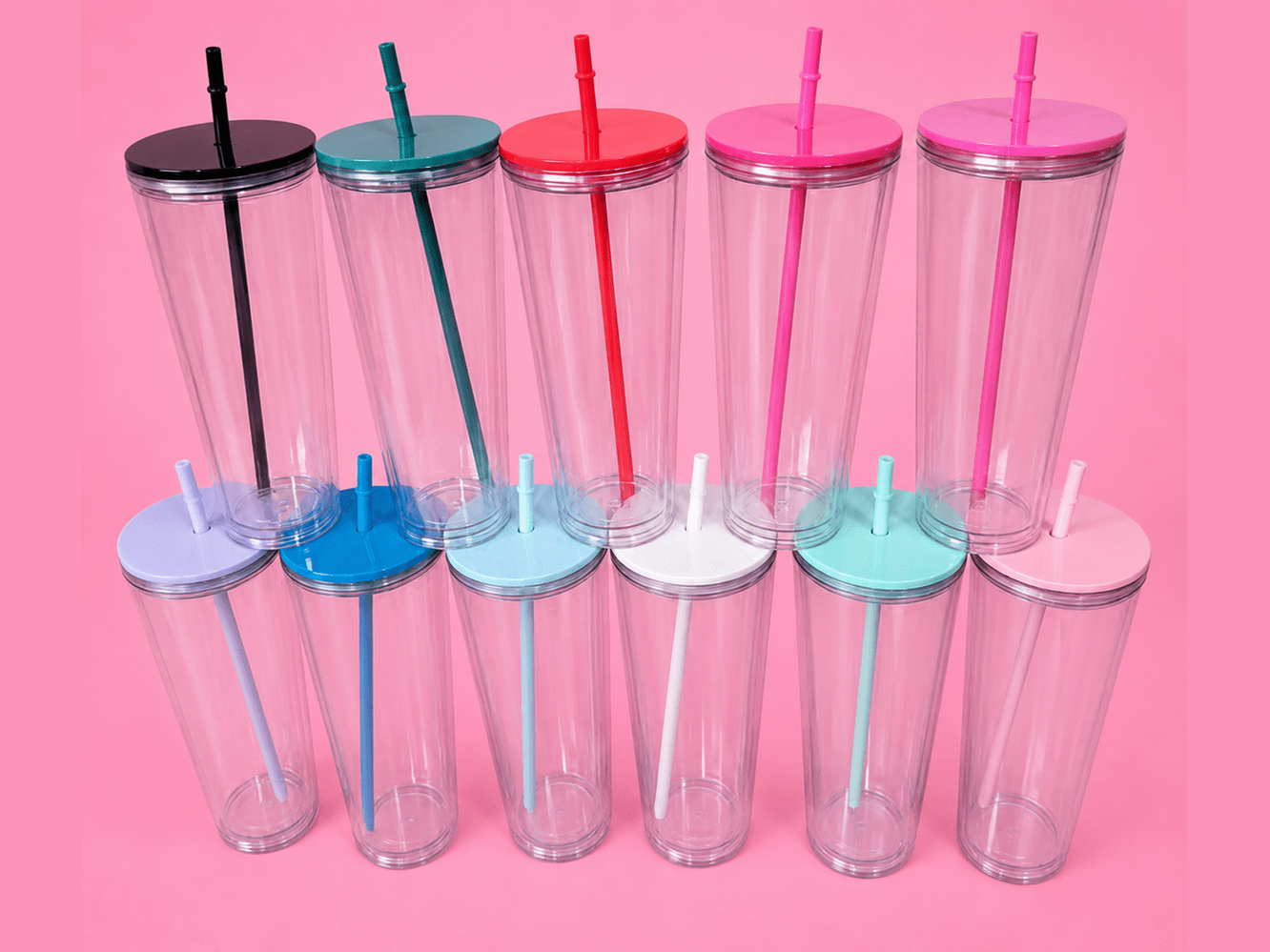 Set of ten 24oz clear plastic tumblers with colored lids and straws in assorted shades
