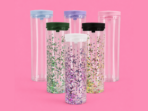 Five 20oz sippy tumblers with colorful lids and glitter