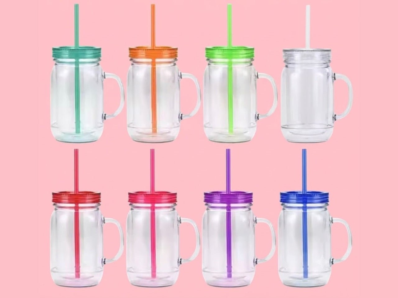 Six clear glass 20oz Mason jar tumblers with colorful lids and straws