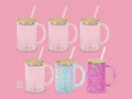 Set of six 6oz double-walled glass tumblers with wooden lids and straws, featuring clear, blue glitter, and pink glitter handle designs