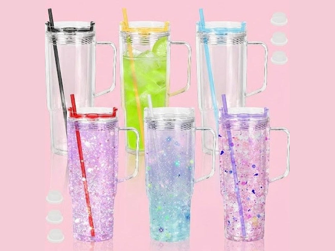 40oz clear double-walled tumbler with handle, glitter interior options and straw lid