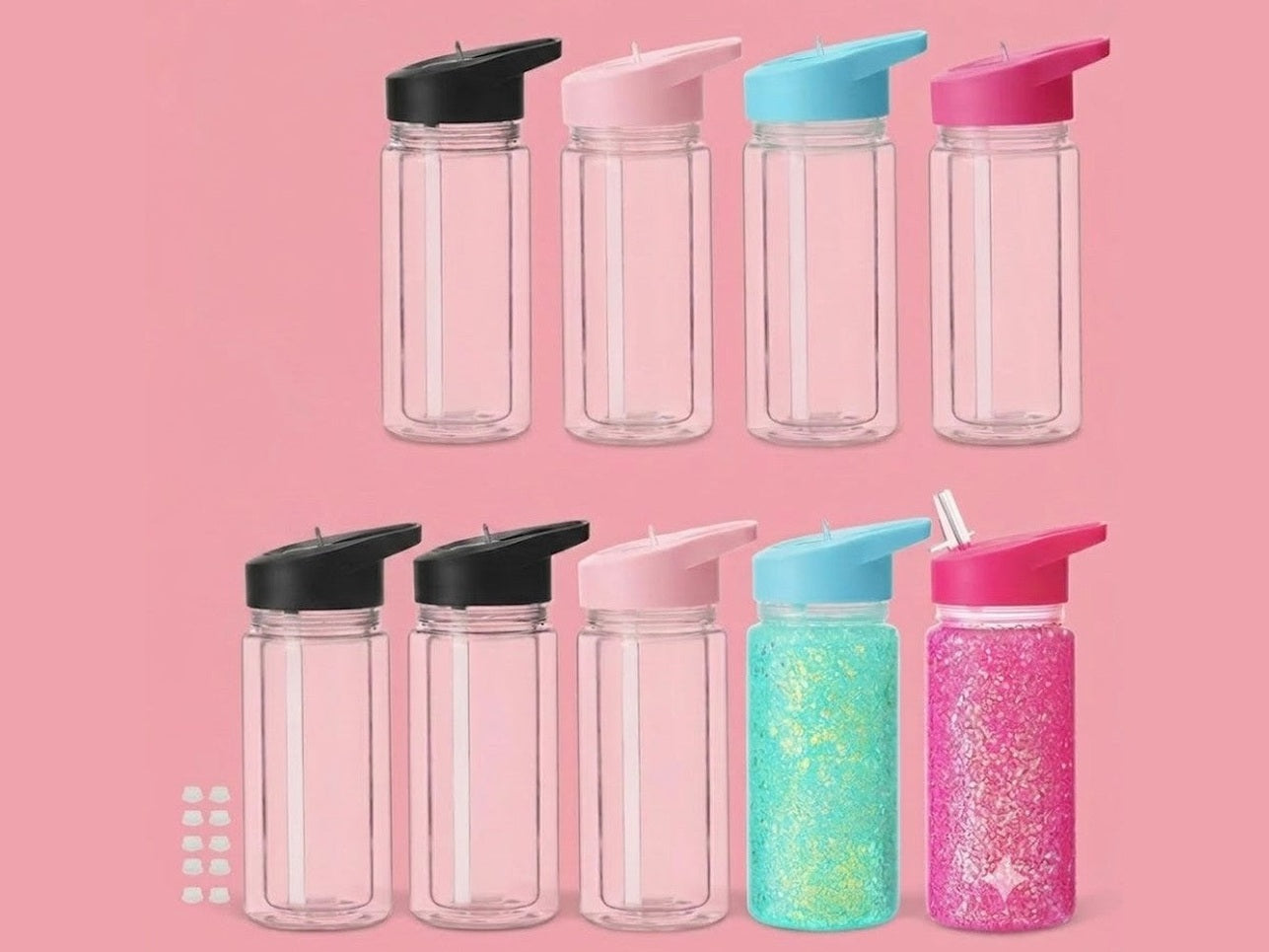 Kids tumbler set with glitter and plain options, flip-top lids, metal straws, and silicone caps