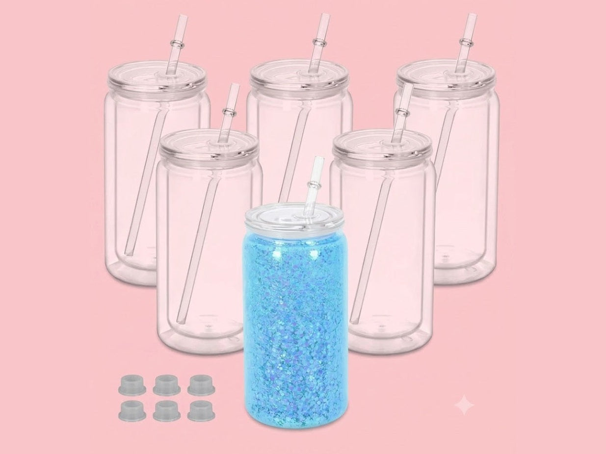 Clear double-walled plastic tumbler with lid and straw, blue glitter fill, tapered mason jar style