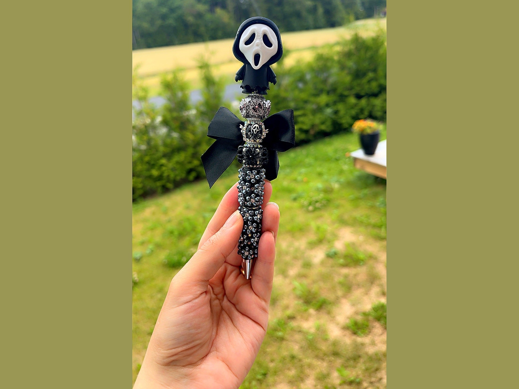 GhostFace horror pen with white mask topper, black bows, rhinestones and silver beads for collectors